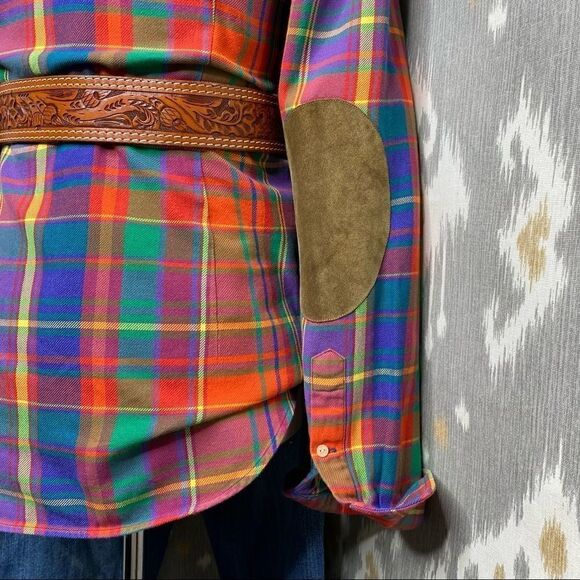 Ralph Lauren Bright Jewel-Tone Check Plaid Cotton Flannel Suede Patch Workshirt - Picture 12 of 16